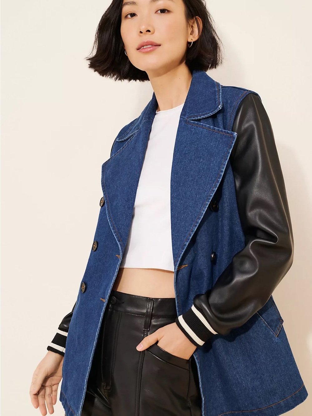 Anthropologie Blue Denim Trench with Black Faux-Leather Sleeves